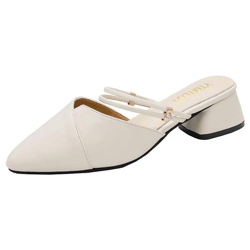 Party Women Mules Slipper Pointed Toe Block Strap Closed Shallow High Heels Shoes Sandals Black Beige Square heel Pumps - Цвет: creamy-white