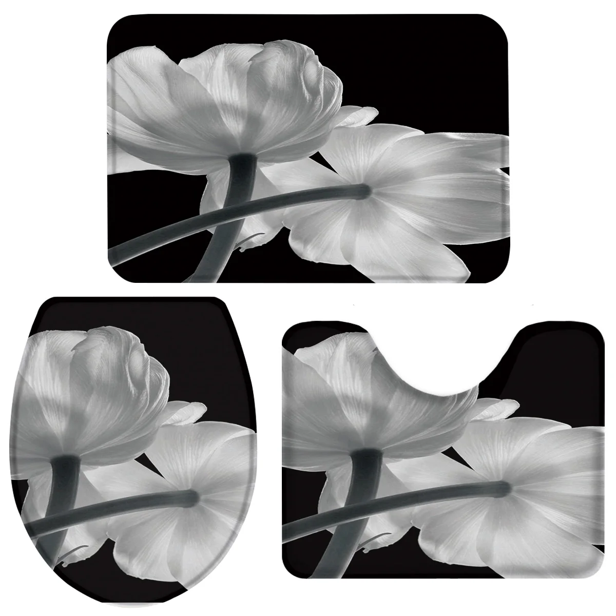 Набор из 3 предметов для ванной черно-белые тюльпаны с цветами коврик унитаза