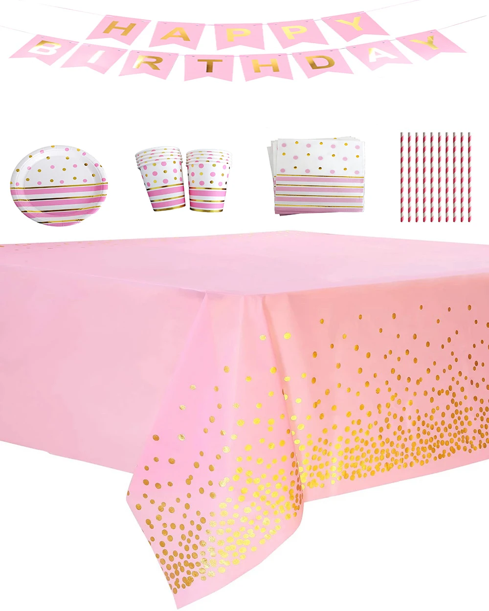 

52Pcs Pink Gold Dot Stripe Wedding Decorations Pink Disposable Paper Plate Cup Birthday Party Tableware Set Baby Shower Supplies