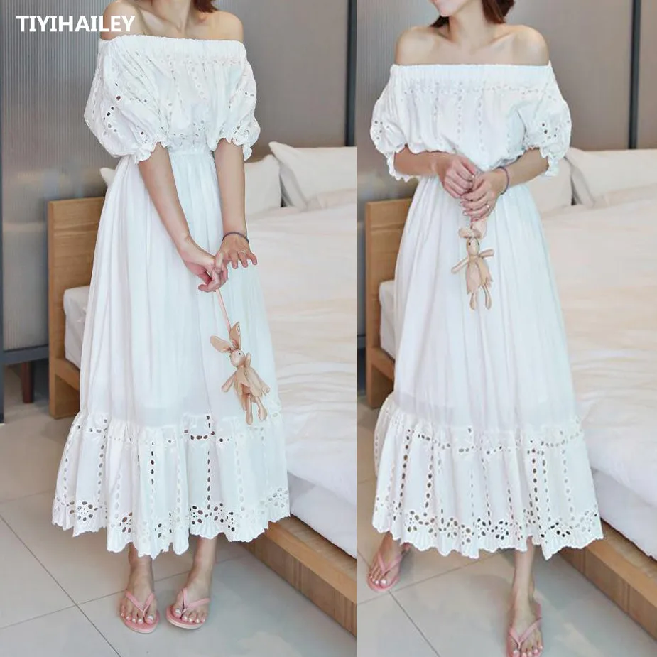 TIYIHAILEY-Vestido largo de algodón con hombros descubiertos, traje bordado de princesa, una pieza, blanco, a media pantorrilla, Envío Gratis