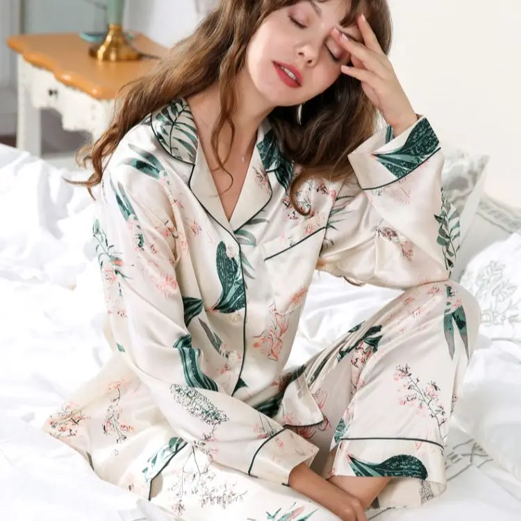 Real Silk Pajama Sets Female Fashion Printed 100% Silkworm Silk Long-Sleeve Two-Piece SILK Woman's Sleepwear Thin Summer T8166
