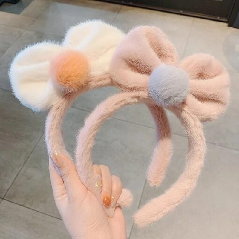 

New Plush Headband Korean Soft Warm Head Hoop Furry Bow Hair Sweet Hair Accessories for Women Face Washing Makeup Tools