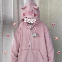 kawaii hoodies sweet cute pig women winter fashion pink zip up hoodies oversize long sleeve cute tops velvet sweatshirt women