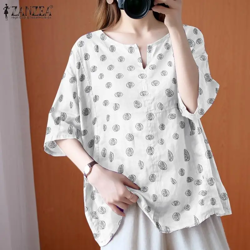 

Female Half Sleeve Blusa Lady O Neck Shirt 2021 Autumn Vintage Blouse ZANZEA Fashion Printed Tops Women Casual Oversized Chemise