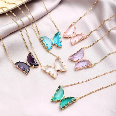 

Crystal Butterfly Pendant Necklace Women Fashion Stainless Steel O Chain Necklace Female Clavicle Chain Popular Necklace