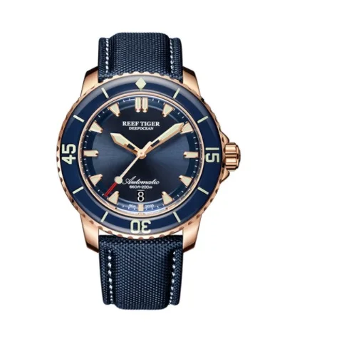 Reef Tiger/RT супер светящиеся часы для дайвинга 200 м Водонепроницаемые Мужские аналоговые автоматические часы с синим циферблатом нейлоновый ремешок RGA3035 SINOWATCH - Цвет: blue rose gold