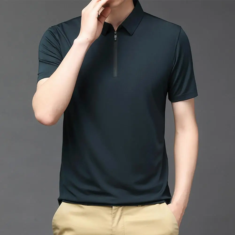 

Lapel men's shirt solid color casual zipper short-sleeved stretch shirt men's pure lapel zipper POLO shirt