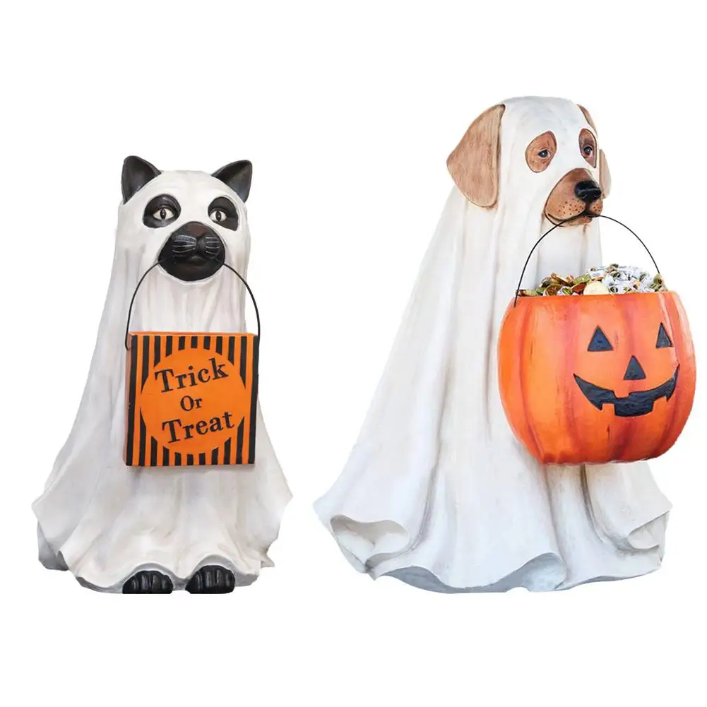 

Halloween Resin Ghost Dog Cat Sculpture, Snack Dish Candy Bowl Holder Lovely Halloween Animal Statue Decor