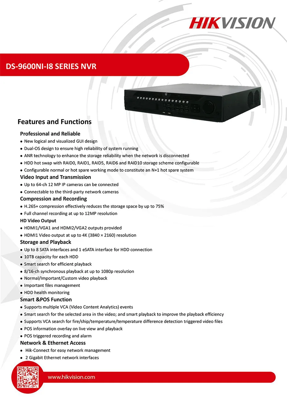 Hikvision профессиональная 64-канальная система видеонаблюдения DS-9664NI-I8 Встроенный 4K 64 CH NVR до 12 мегапикселей разрешение 8 SATA 2 HDMI