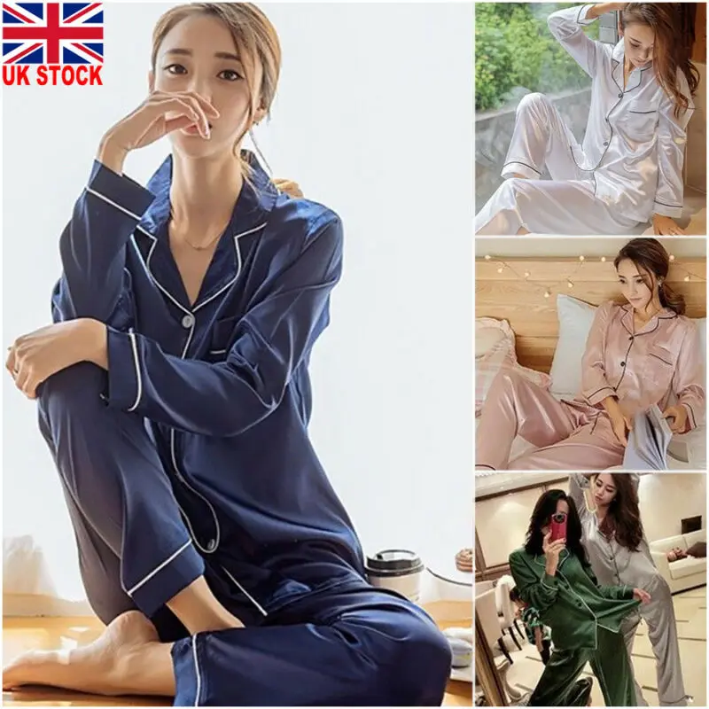 

Women Silk Satin Pajama Pj's Set Long Sleeve Button Sleepwear Homewear Nightwear