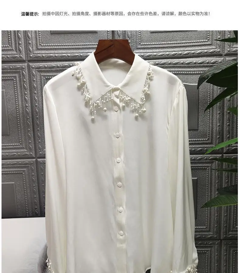 

2021 Spring New White Shirt Full Fashion Bead Solid Turn-down Collar Office Lady Womens Tops
