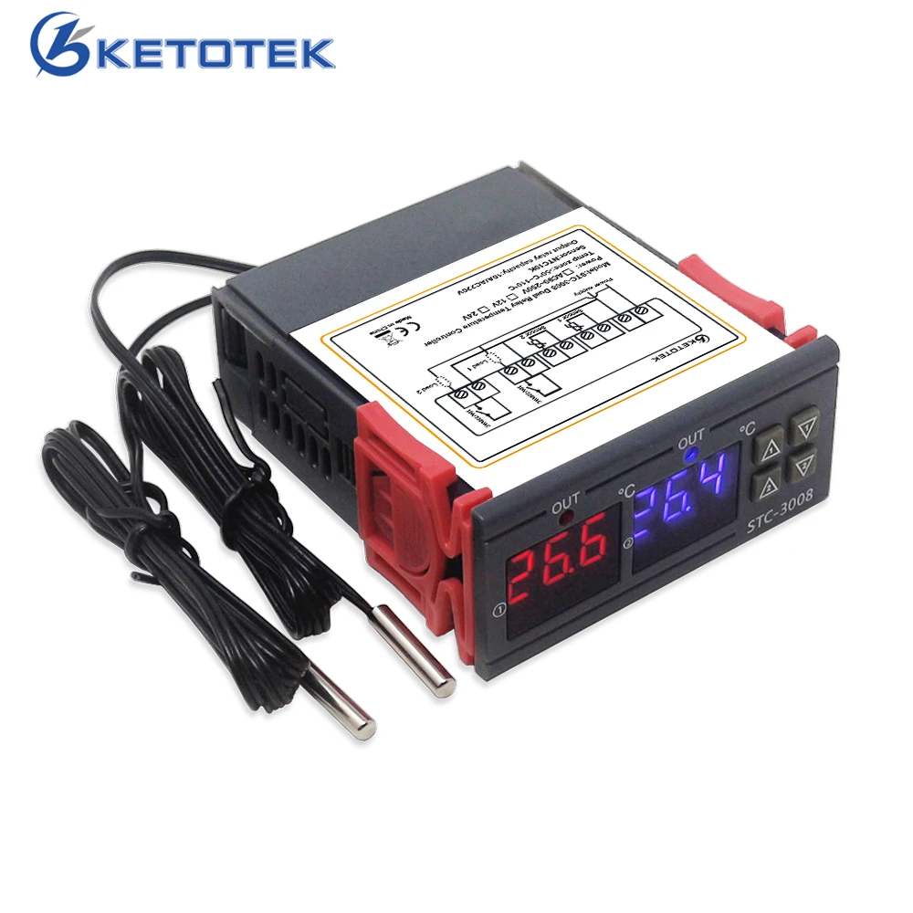 Двухканальный цифровой термостат STC-3008 KT99 с двумя реле и выходом 12V 24V 220V для регулирования температуры с подключением нагревателя и охладителя.