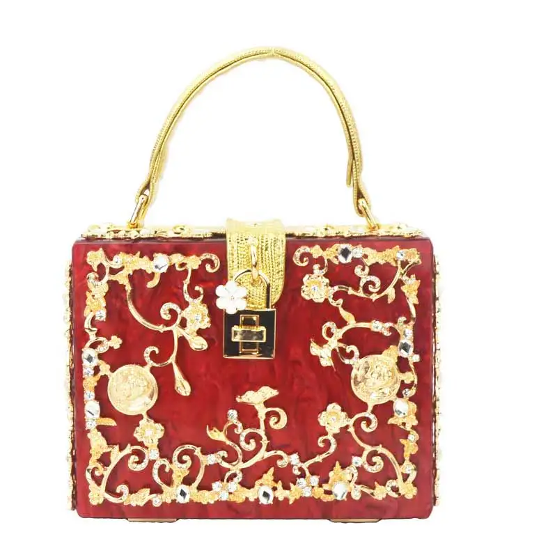 Fashion Box evening bag diamond flower Clutch Bag hollow relief Acrylic luxury handbag banquet party purse women's Shoulder | Багаж и