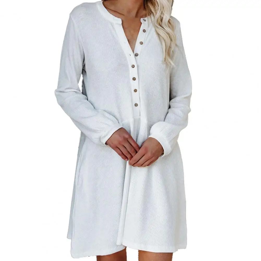 

Women Dress Solid Color Irregular Pullover Mid Waist Buttons Ribbing Dress V-Neck Pure Color Pocket Casual Women Dress for Daily