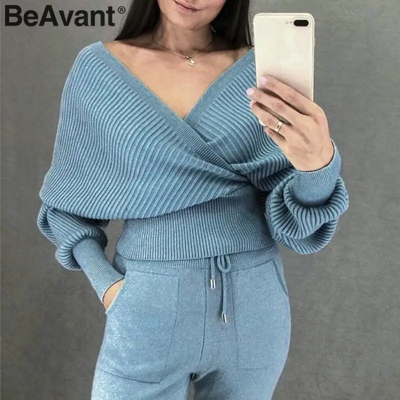 BeAvant осень зима Двухсекционный Трикотаж Женский v-образный вырез женский свитер наборы Элегантный рукав летучая мышь женский свитер брюки Костюм Повседневный