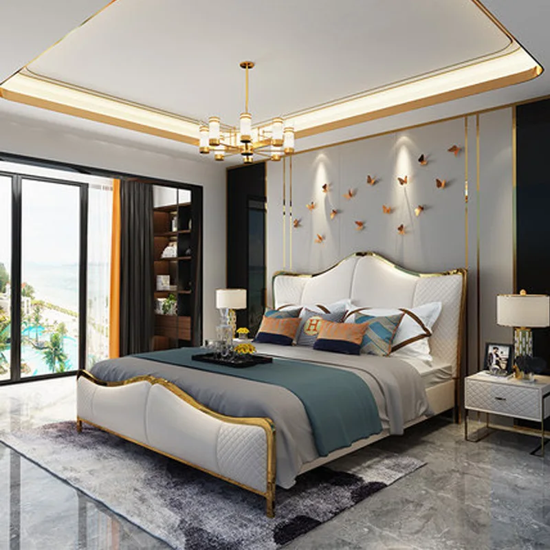 Кожаная кровать постмодерн роскошная вилла принцесса свадебная кровать|Кровати|