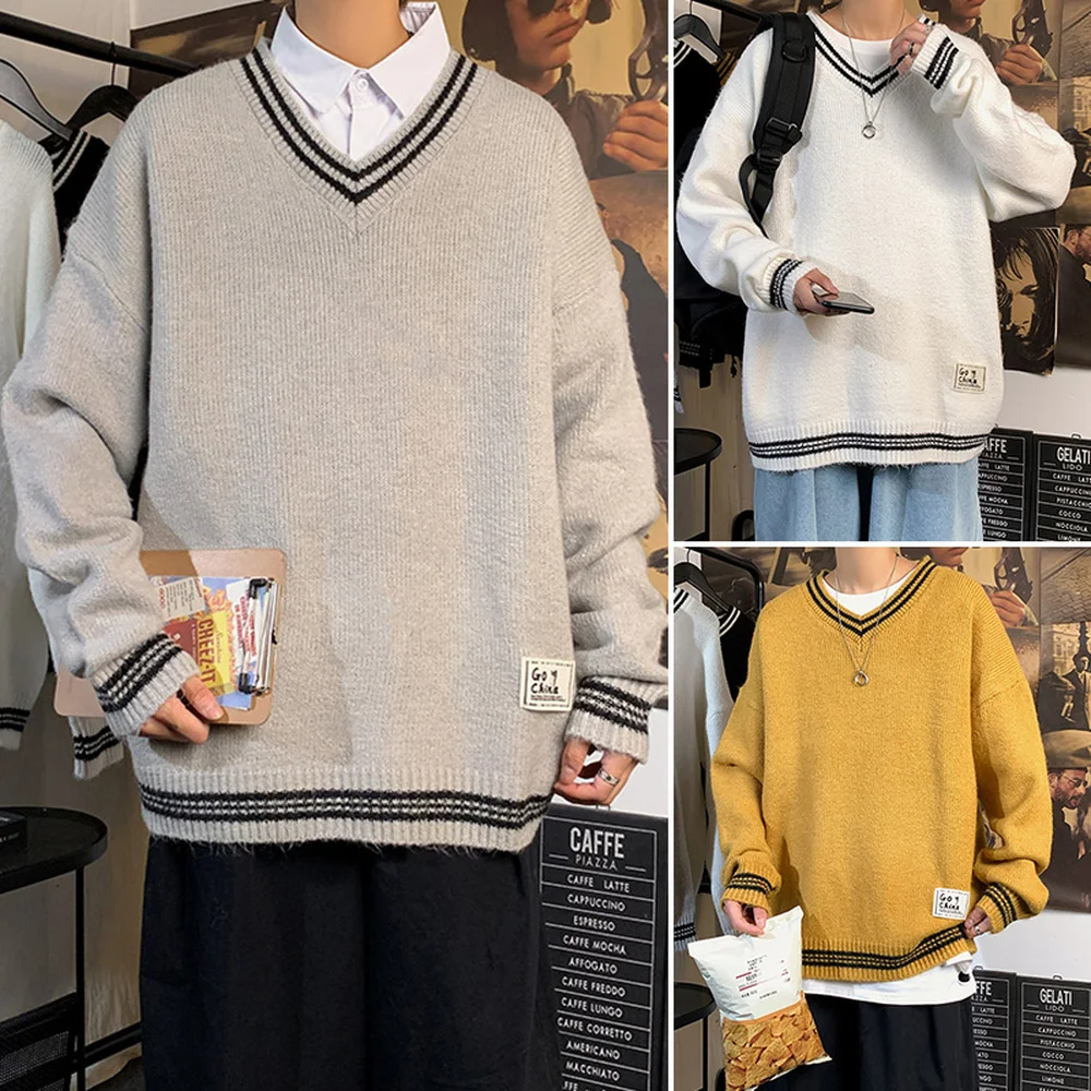 

Men Long Sleeve Knit Sweater V-neck Pullover Sweater Solid Color Men Autumn Tops Pullover Shirts Korean Fashion Sweaters