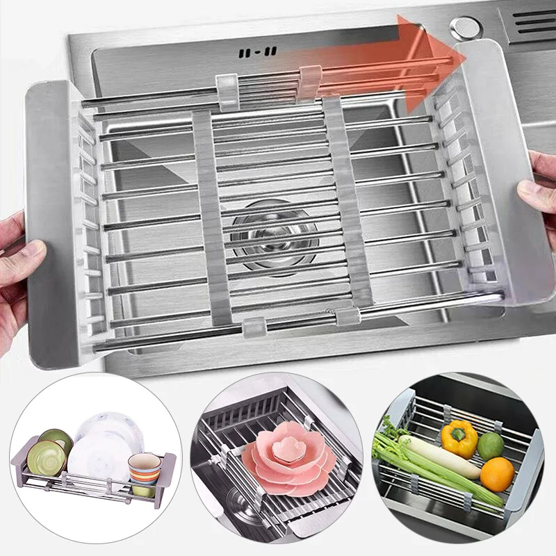 

Сушилка для посуды, телескопическая корзина из нержавеющей стали для мытья посуды, сушилка для овощей и фруктов