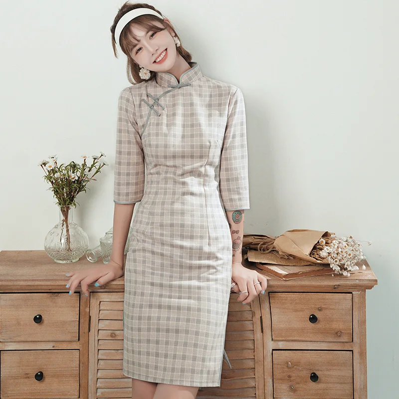 

Women Autumn Winter Retro Plaid Print Dresses Improved Cheongsam Modern Fashion Party Casual Qipao