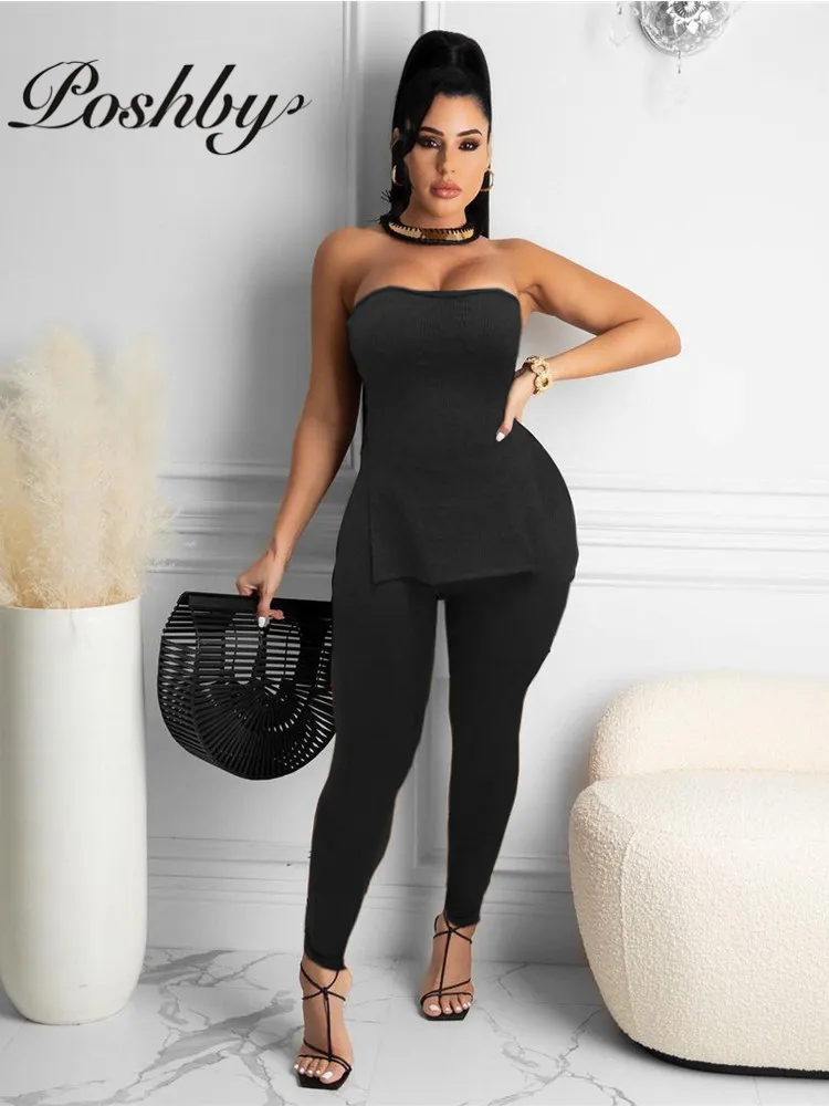 

Poshby Summerwomen Solid 2 Pcs Set Casual Sleeveless Strapless Split Tops and Stretch Bodycon Pants Suit 2021 Party Clubwear