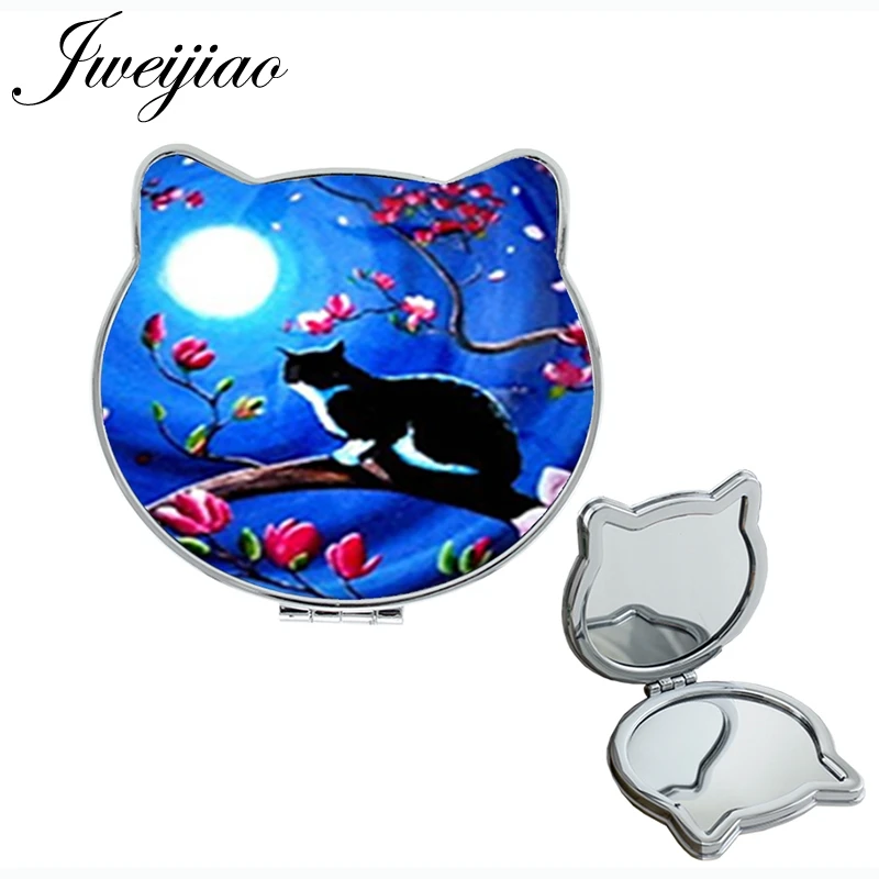 

JWEIJIAO dark blue Moonlight Beauty cat on the branch Health makeup mirrors Sides Double Compact Magnifier mirror gift JS50