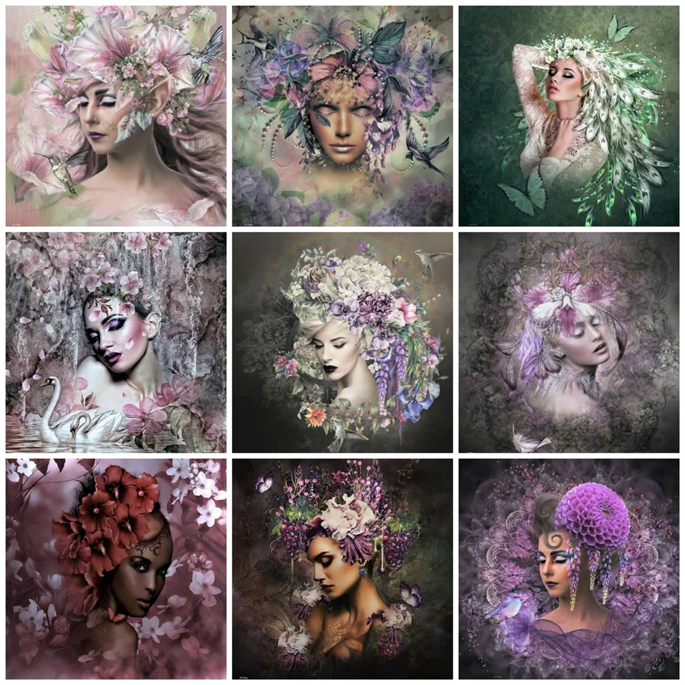 

HUACAN Diamond Painting Full Drill Woman Flower 5d Diy Diamond Embroidery Mosaic Fantasy Portrait Cross Stitch Home Decor