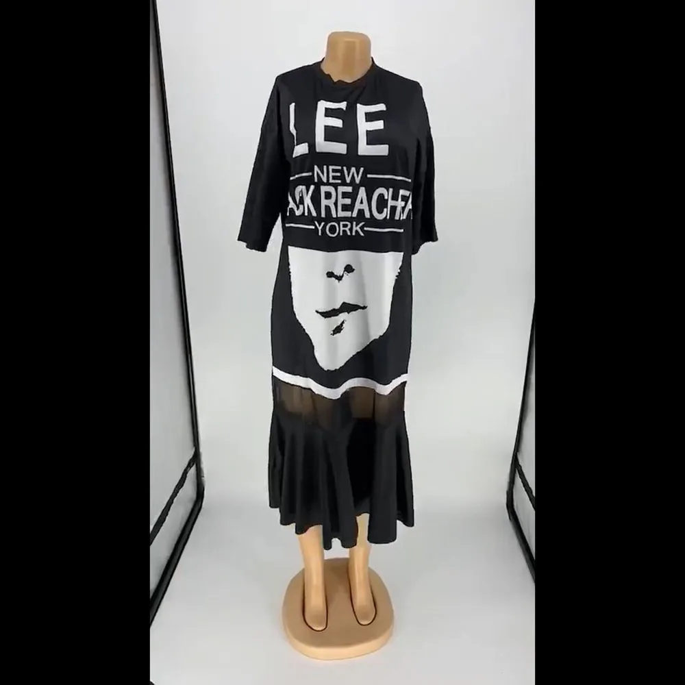 

Street Wear Leisure Dress Women Summer Letters Print Mesh Patchwork Shirt Dresses Casual Ladies Simple Daily Vestidos Oversize