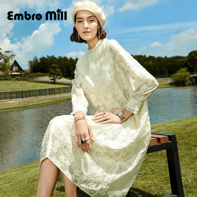 

High Quality Stand Collar Female Autumn New Vintage Style Wrist Sleeve Spliced Lace Loose Mid-Length Princess A-Line Dress S-XL