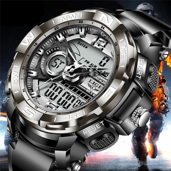 Mens Watches LIGE Sport Men Quartz Wristwatch Creative Diving Waterproof Alarm Watch Dual Display Clock Relogio Masculino +Box-36734
