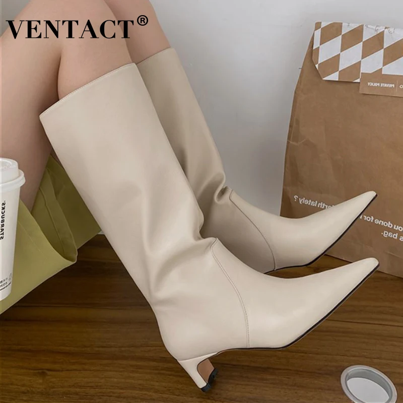 

VENTACT 2022 New Women Real Leather Knee High Boots Thick Heels Slip On Long Boot Ins Winter Party Ladies Footwear Size 34-39