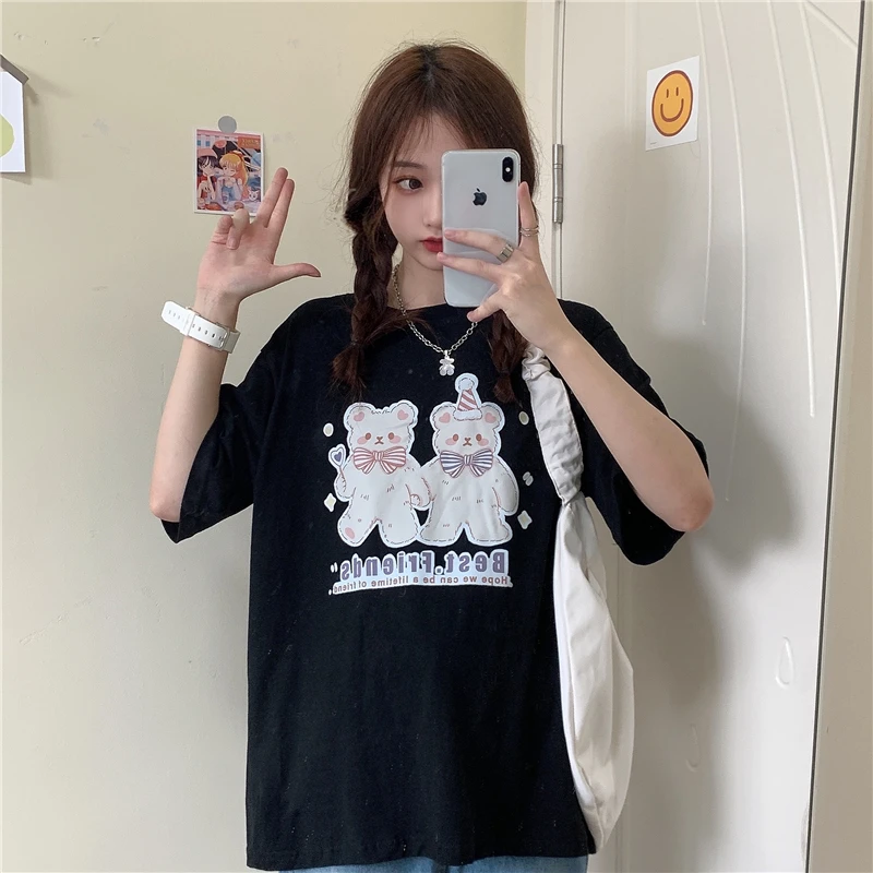 

3074 Korean version printed letters age reduction loose student large size short-sleeved T-shirt