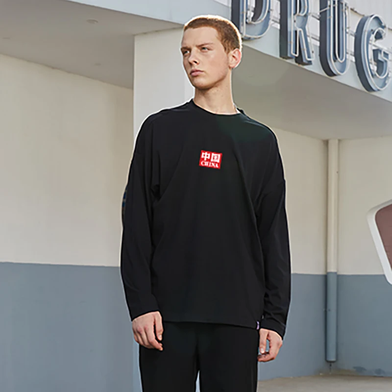 

RIGORER Sports Sweatshirt Long Sleeve Loose Round Neck Pullover Chinese Printing Solid Color Bottoming Shirt