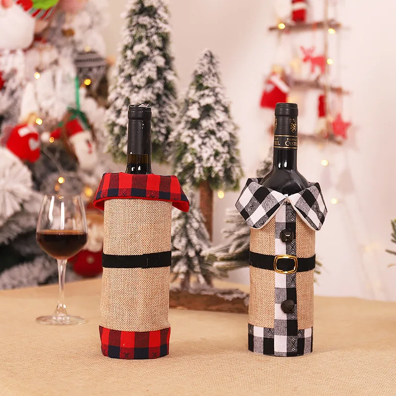 High Quality Nordic Style Linen Plaid Clothes Decorative Christmas Wine Bottle Cover | Дом и сад