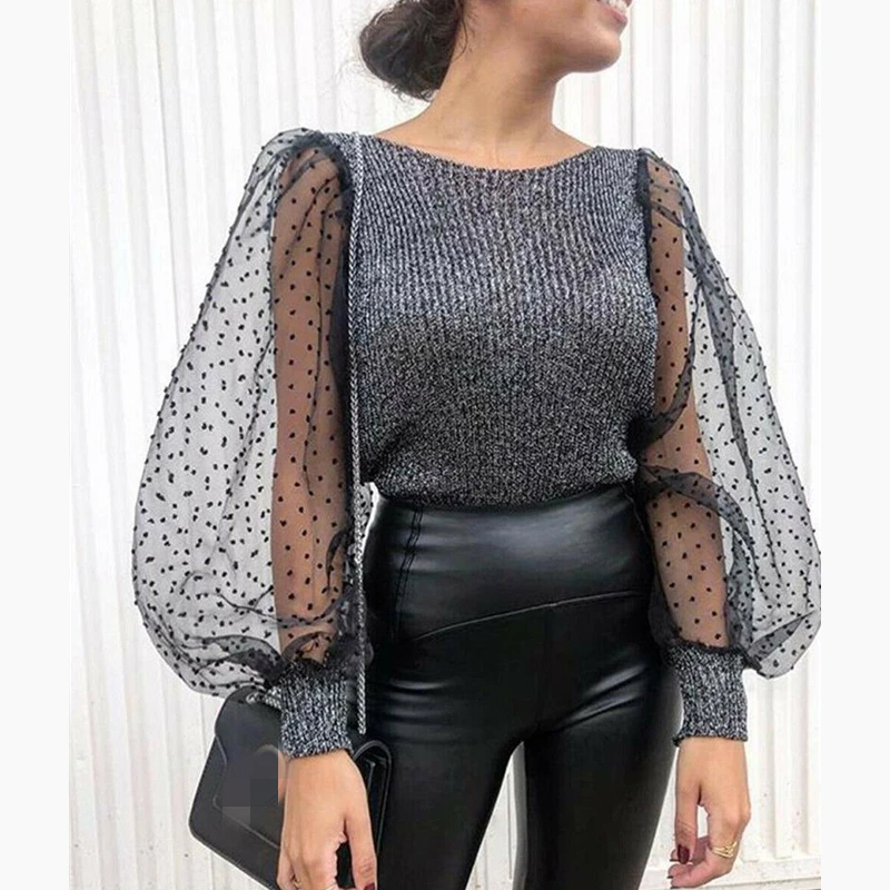 Women Knitted Mesh Puff Long Sleeve Sweater Tops Lady Slim Pullover Sweaters Jumper Female Fashion Vintage Knitwear Top | Женская одежда