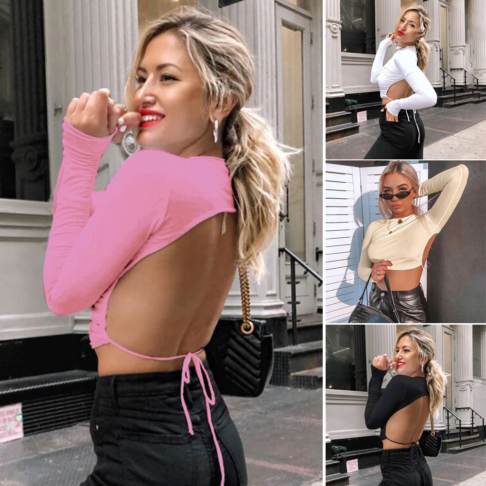 Женский летний сексуальный укороченный топ с лямкой на шее и длинным рукавом