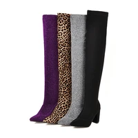 plus size 46 women over the knee sock boots 8 5cm high heels long winter stretch snow boots block heels lady thigh purple shoes