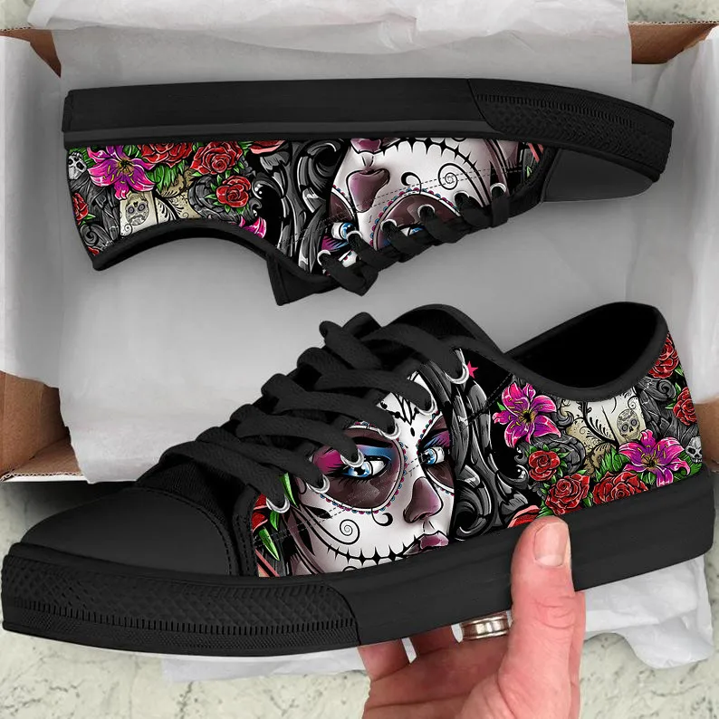 

ELVISWORDS Skull Day of the Dead Classic Low Style Women's Sneakers Flats Canvas Vulcanized Shoes for Teen Girls Casual Zapatos