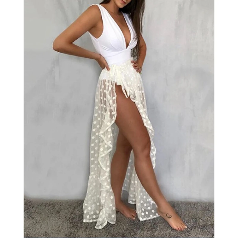 

Sexy Women Mesh Sheer Beach Holiday Ruffled Sunscreen Bikini Cover Up Wrap Belted Bow knot tied Long Skirt Summer Holiday