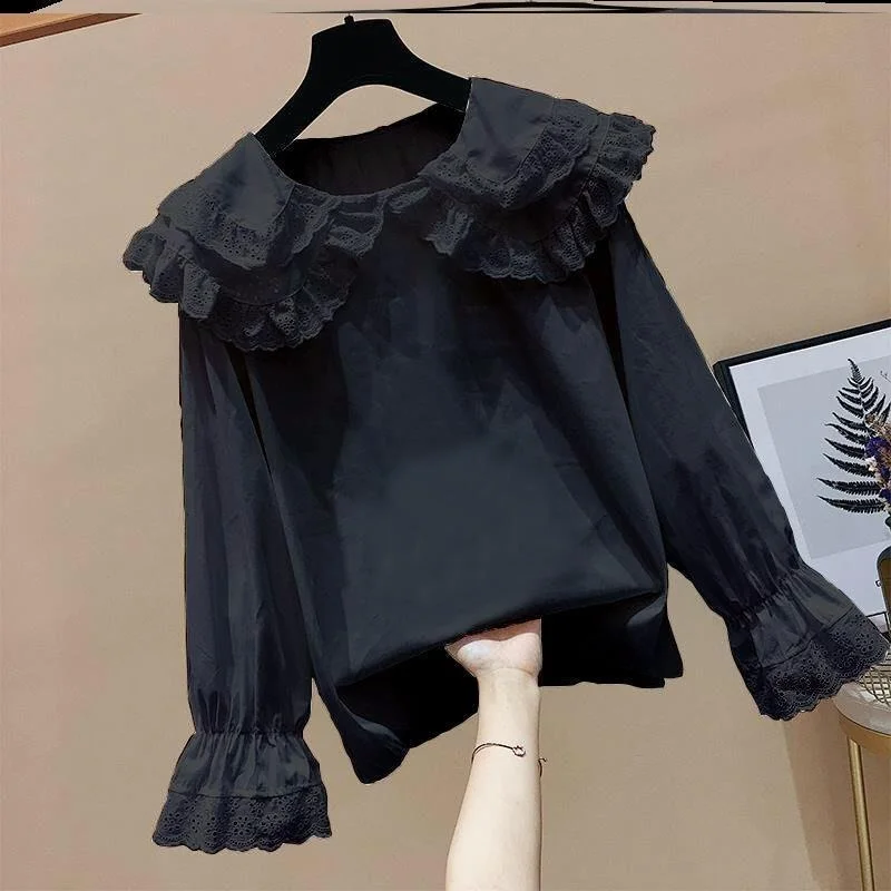 

2021 Spring New Casual All-match Flared Sleeve Womens Black White Shirt Fashion Peter Pan Collar Retro Blouse Trend Tops Y572