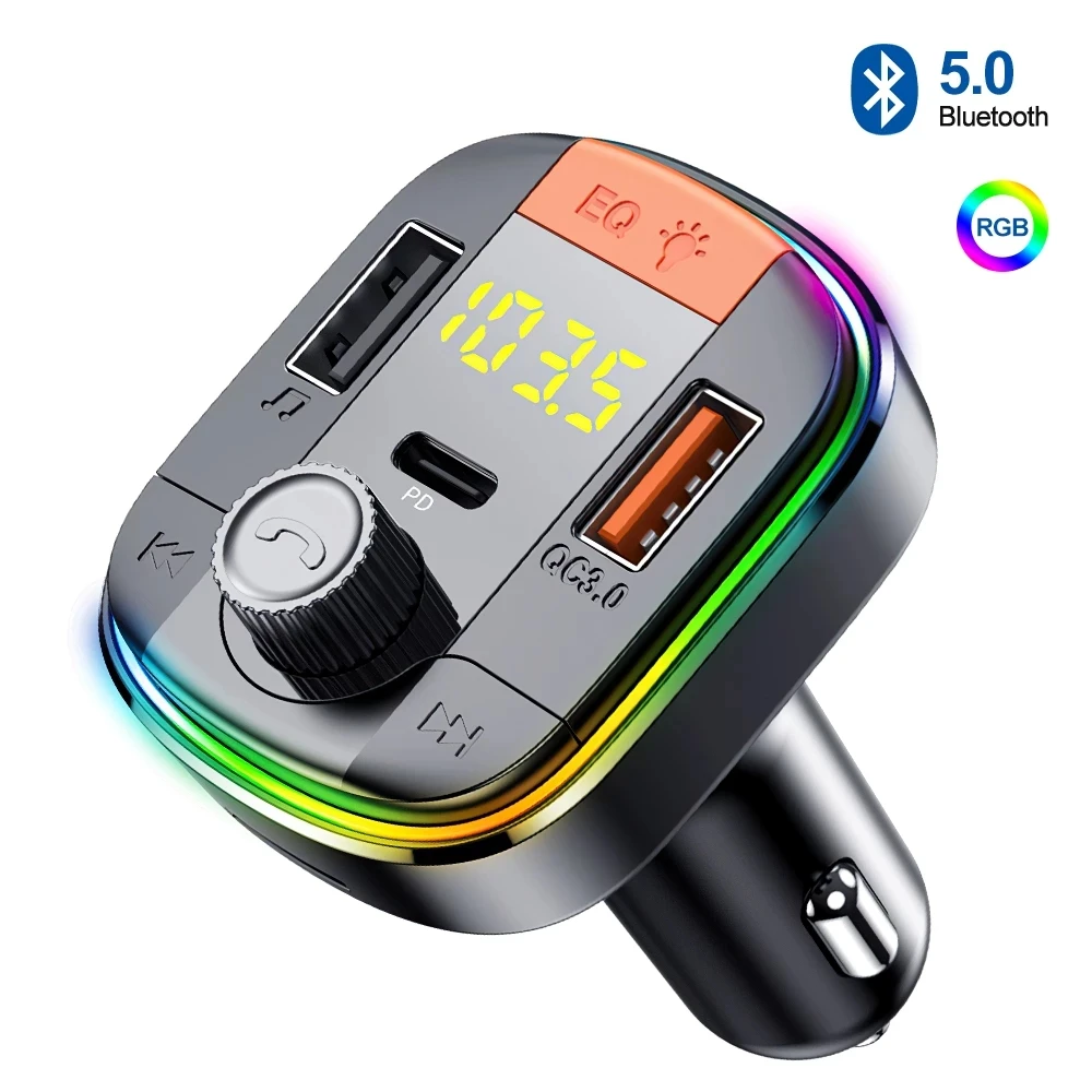 

FM Transmitter Bluetooth 5.0 Adapter Colorful Car Mp3 Player Handsfree Calling 2 USB Port with PD QC 3.0 Fast Charge Car Kit