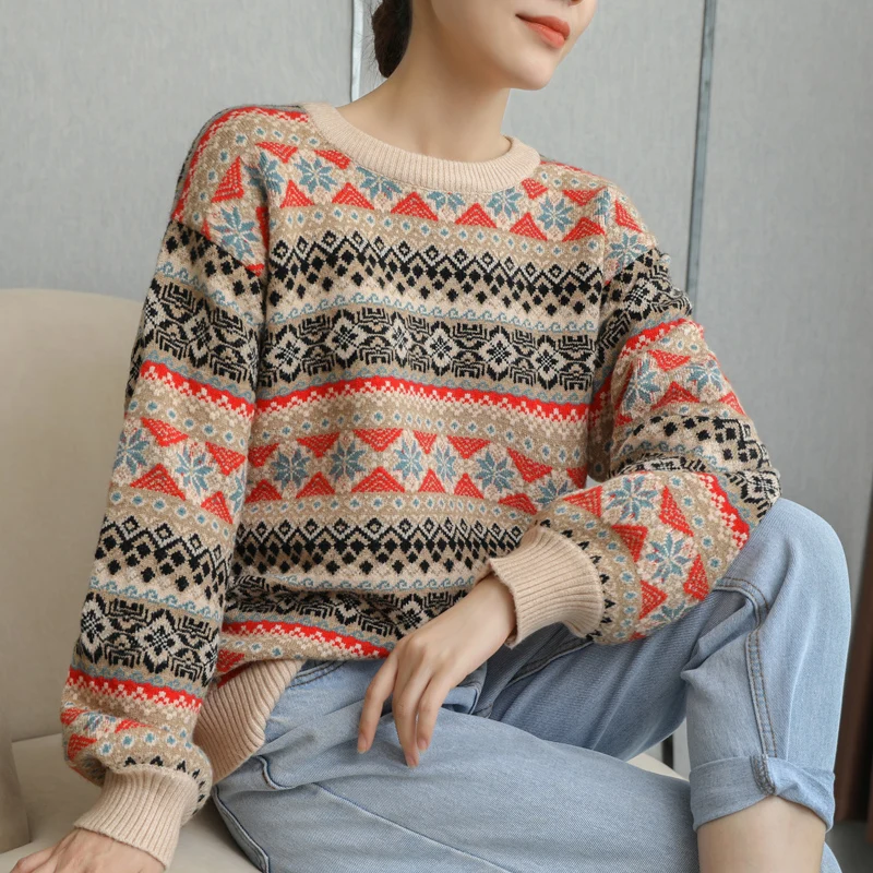 

O-neck knitted pullover jacquard sweater short thick long-sleeved sweater loose large size tops