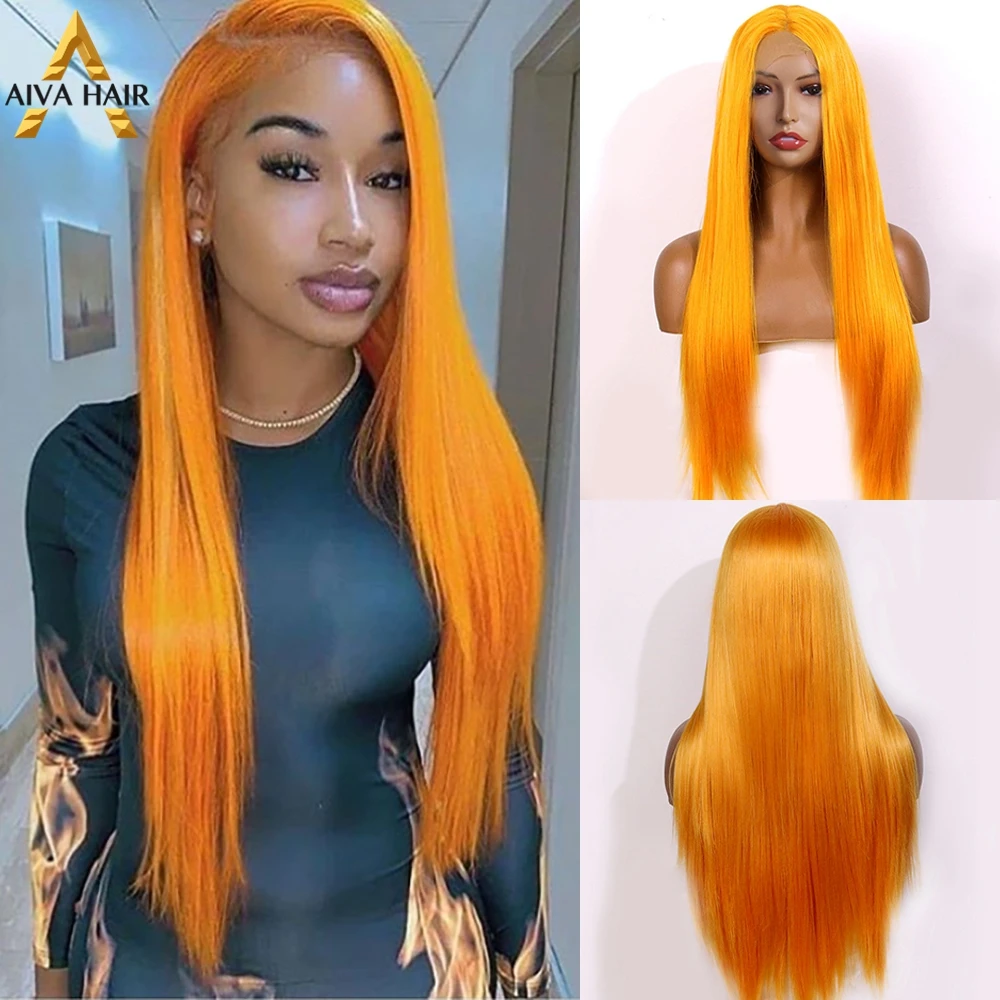 Orange Synthetic Lace Front Wig Heat Resistant Synthetic Lace Wig Aiva Straight Lace Front Wig Drag Queen Wigs For Black Women