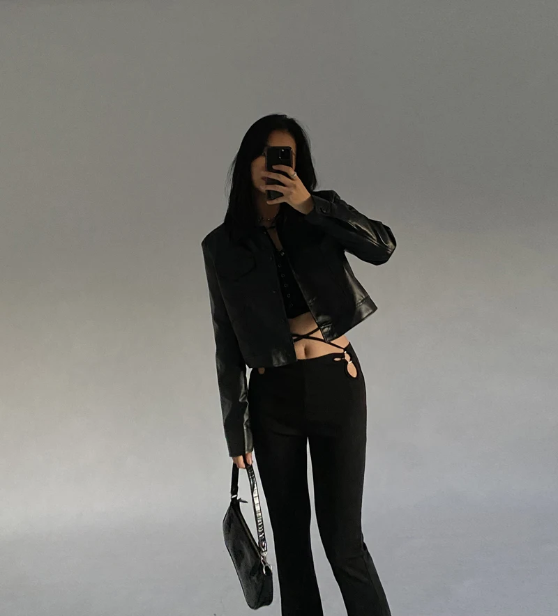 

Женская винтажная Базовая Блузка DIRTYLILY, новая весенне-осенняя Черная куртка из искусственной кожи, байкерская куртка с отложным воротником,...