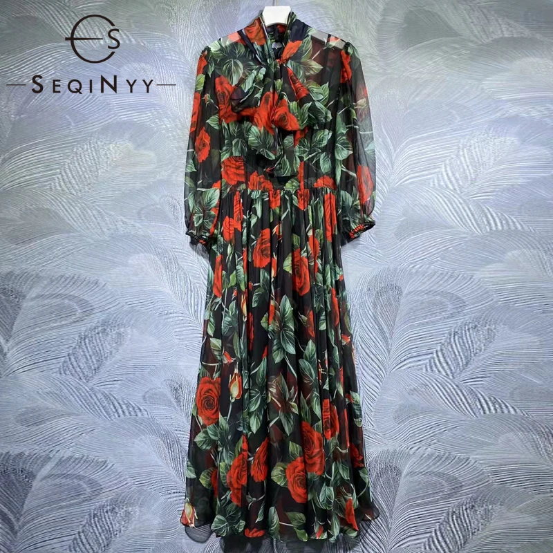 

SEQINYY Chiffon Midi Dress Summer Spring New Fashion Design Women Runway High Quality Red Rose Flower Print Black Elegant
