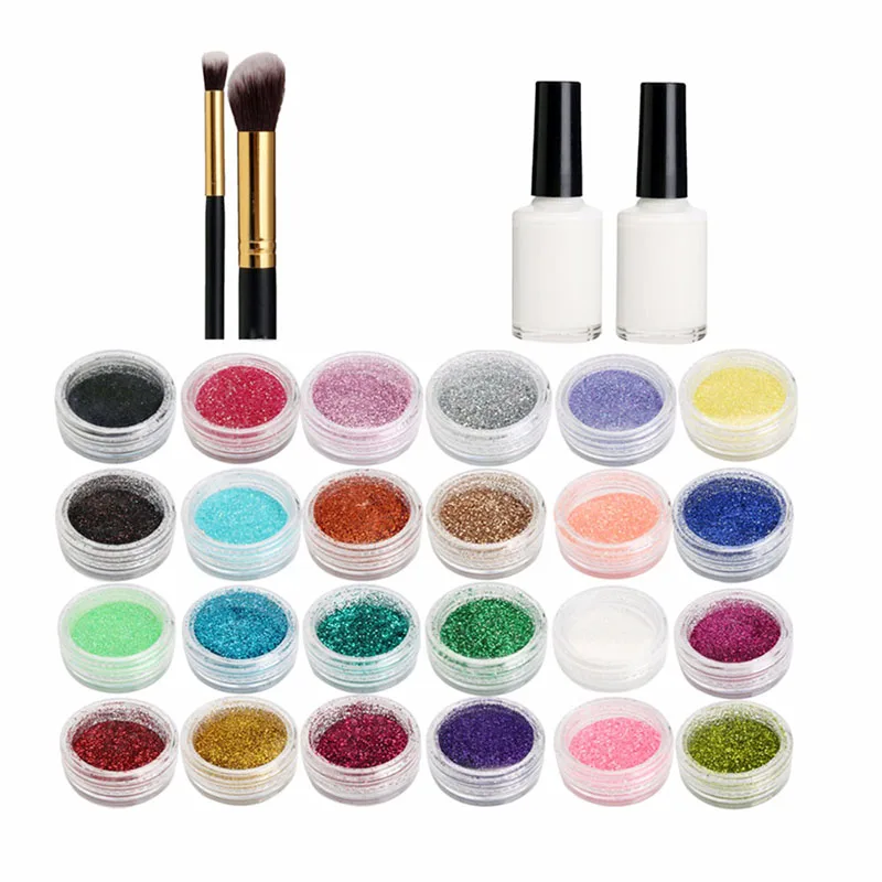 

New 24 Colors Powder Glitter Powder 2 Glue 2 Brushes Hollow Template Kit for Temporary Tattoo and Kids Face Body Painting