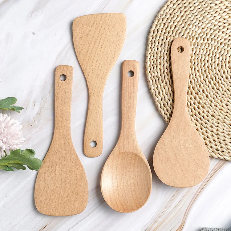 Wood color wooden tableware spatula wholesale beech long handle cooking shovel non-stick kitchen set | Дом и сад