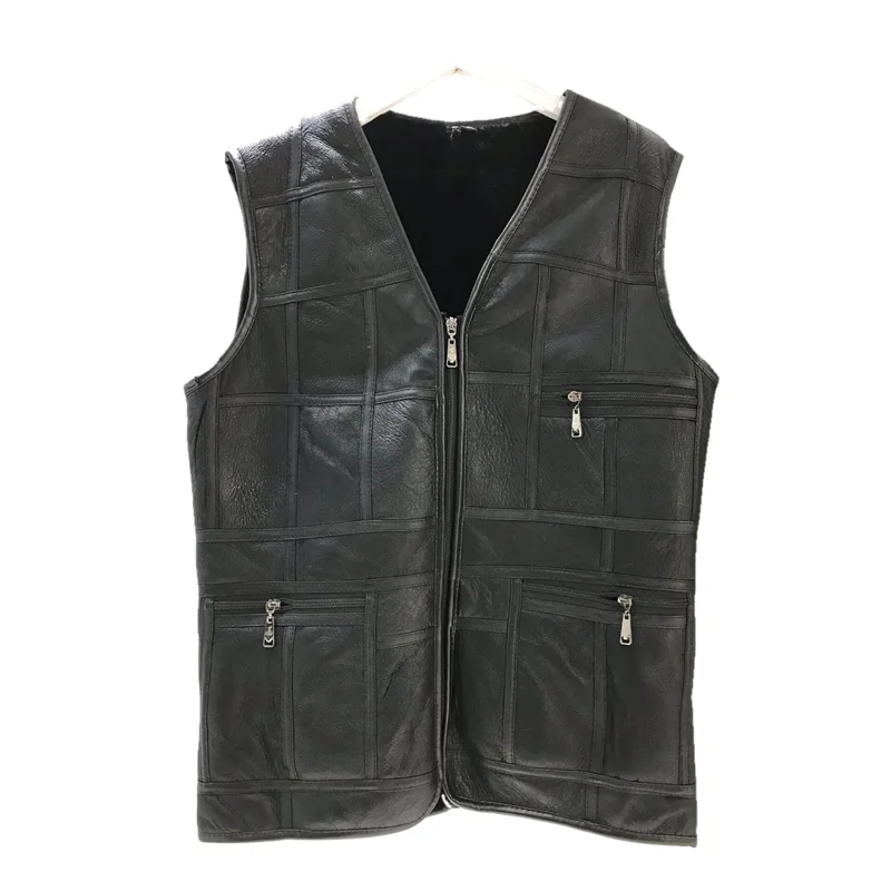 Autumn winter 2022 men's coat warm sleeveless jacket casual men's vest coat black double faced fur leather vest