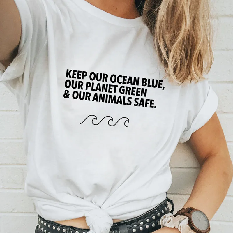 Keep Our Ocean Blue Our Planet Green& Our animals Safe, женская футболка с надписью «Save The Earth», повседневные хлопковые топы, Прямая поставка