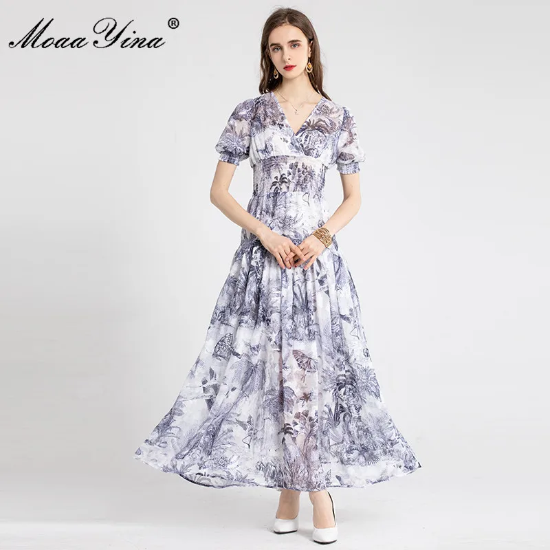

MoaaYina Fashion Designer Summer Long Vacation Dresses Women's Puff Sleeve Elastic waist Floral print Elegant Chiffon Dress