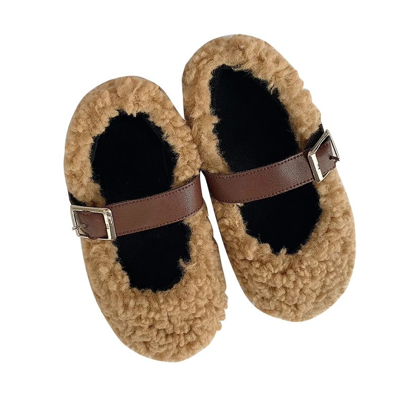 Пушистая обувь на плоской подошве для девочек детская хлопковая теплая осень и